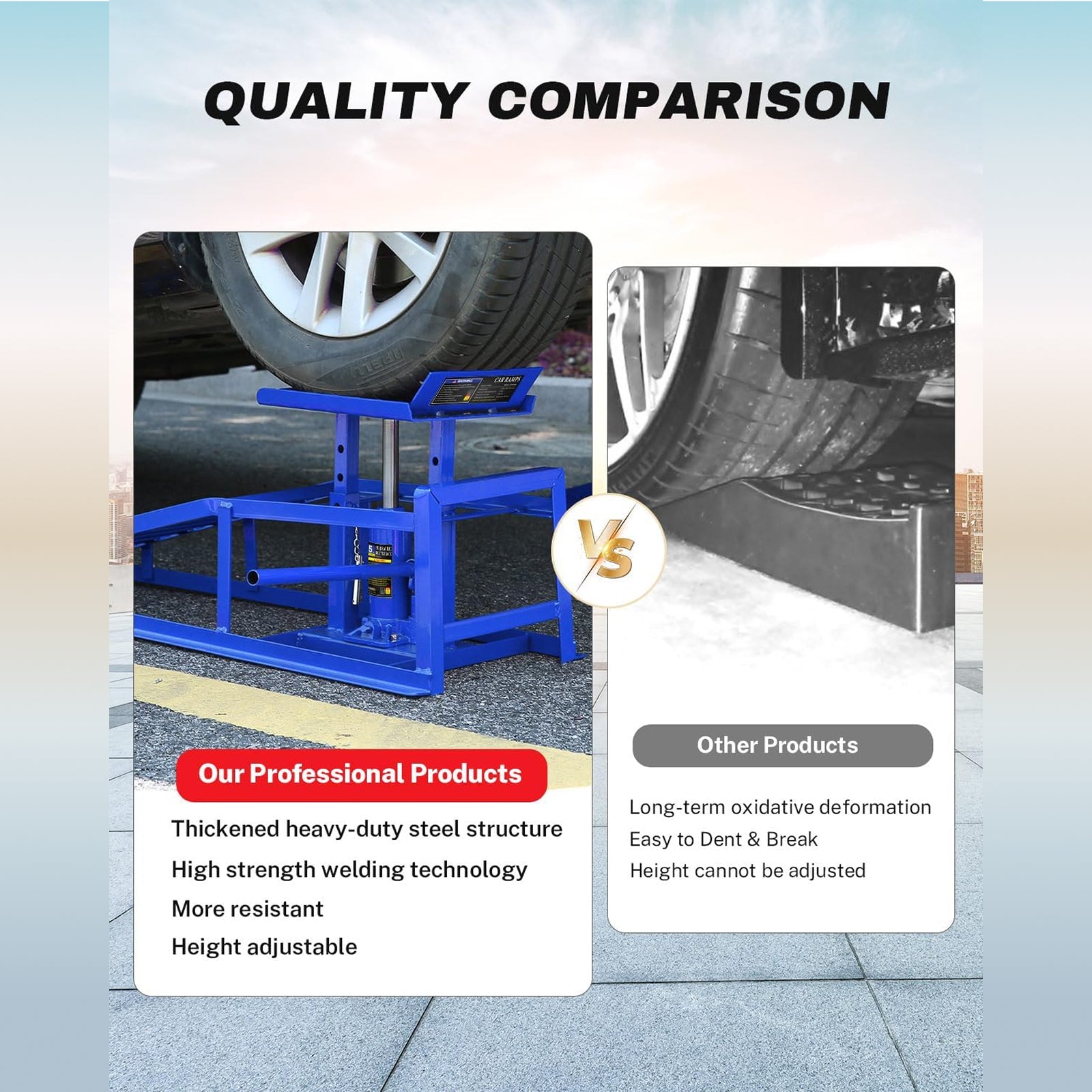 Garvee Heavy-Duty Hydraulic Car Ramps 5T Capacity Adjustable 9.3-14 Inch Height Anti-Slip Triangular Plate Ring Chain Bolt for Cars SUVs Light Trucks