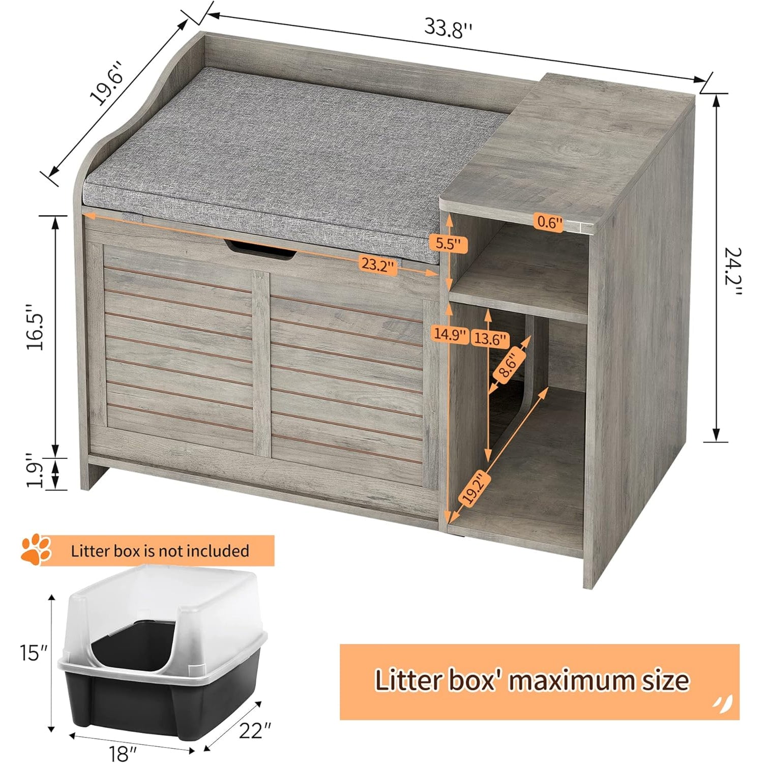 Garvee Cat Litter Box Enclosure with Cushion, Hidden Cat Litter Box Furniture, Cat Litter Box Furniture with Top Opening, Flip Top Litter Box Enclosure Cat House, Grey