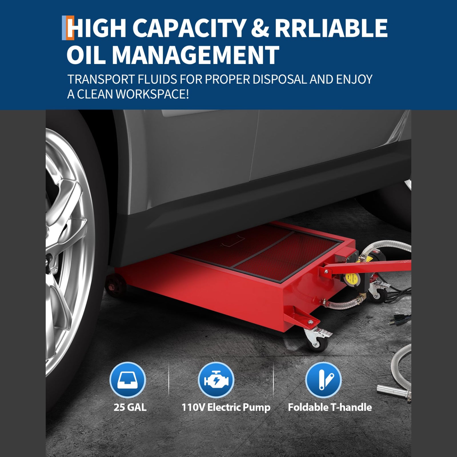 Garvee 25 Gallon Oil Drain Pan with 110V 180W Electric Pump, Metal Cart, 8FT Hose, Folding Handle, Wheels, for Cars, SUVs, Trucks, Buses, RVs