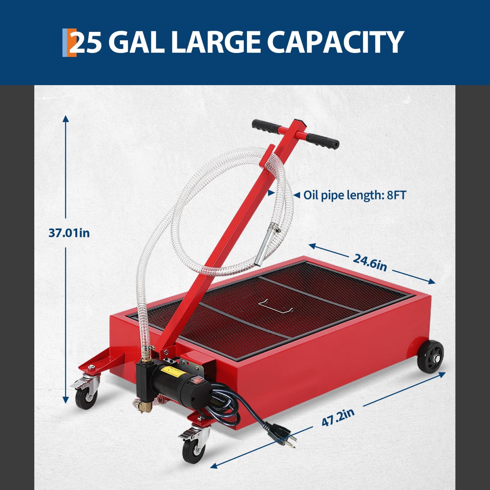 Garvee 25 Gallon Oil Drain Pan with 110V 180W Electric Pump, Metal Cart, 8FT Hose, Folding Handle, Wheels, for Cars, SUVs, Trucks, Buses, RVs