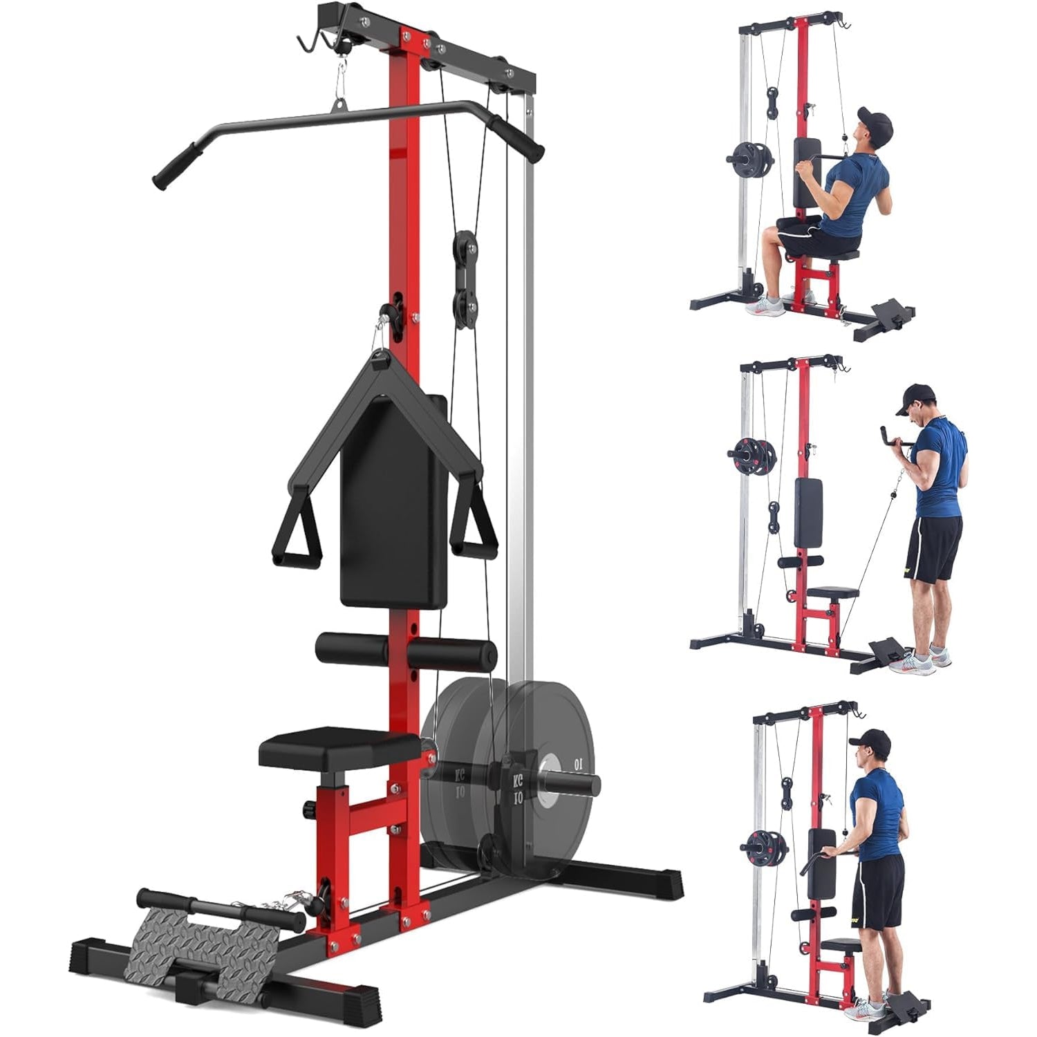 Appareil de musculation Garvee LAT Pulldown Machine 5-en-1, appareil à câble pour salle de sport à domicile, double poulie, capacité de 181 kg, hauteur réglable, 69,8 cm (L) x 140 cm (l) x 193,8 cm (H) Rouge