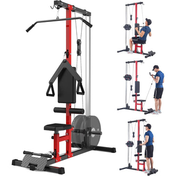 Appareil de musculation Garvee LAT Pulldown Machine 5-en-1, appareil à câble pour salle de sport à domicile, double poulie, capacité de 181 kg, hauteur réglable, 69,8 cm (L) x 140 cm (l) x 193,8 cm (H) Rouge