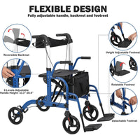 Garvee All-Terrain 2 In 1 Rollator Walker & Transport Chair with 8" Non-Pneumatic Wheels for Seniors, Folding, Reversible Backrest, Detachable Footrests, Blue
