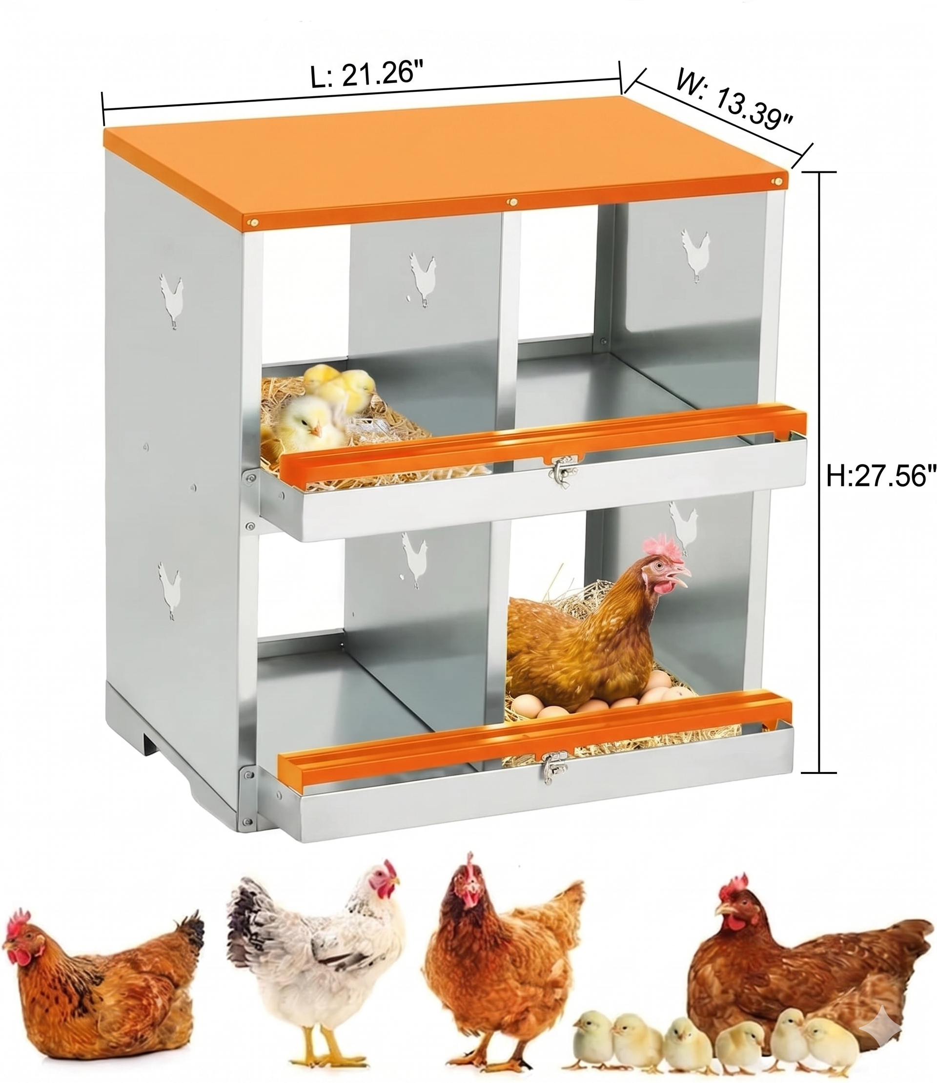 Pondoir pour poules Garvee avec grand trou d'aération, pondoir métallique à deux niveaux, 4 compartiments, orange, durable et résistant aux intempéries, spacieux et confortable
