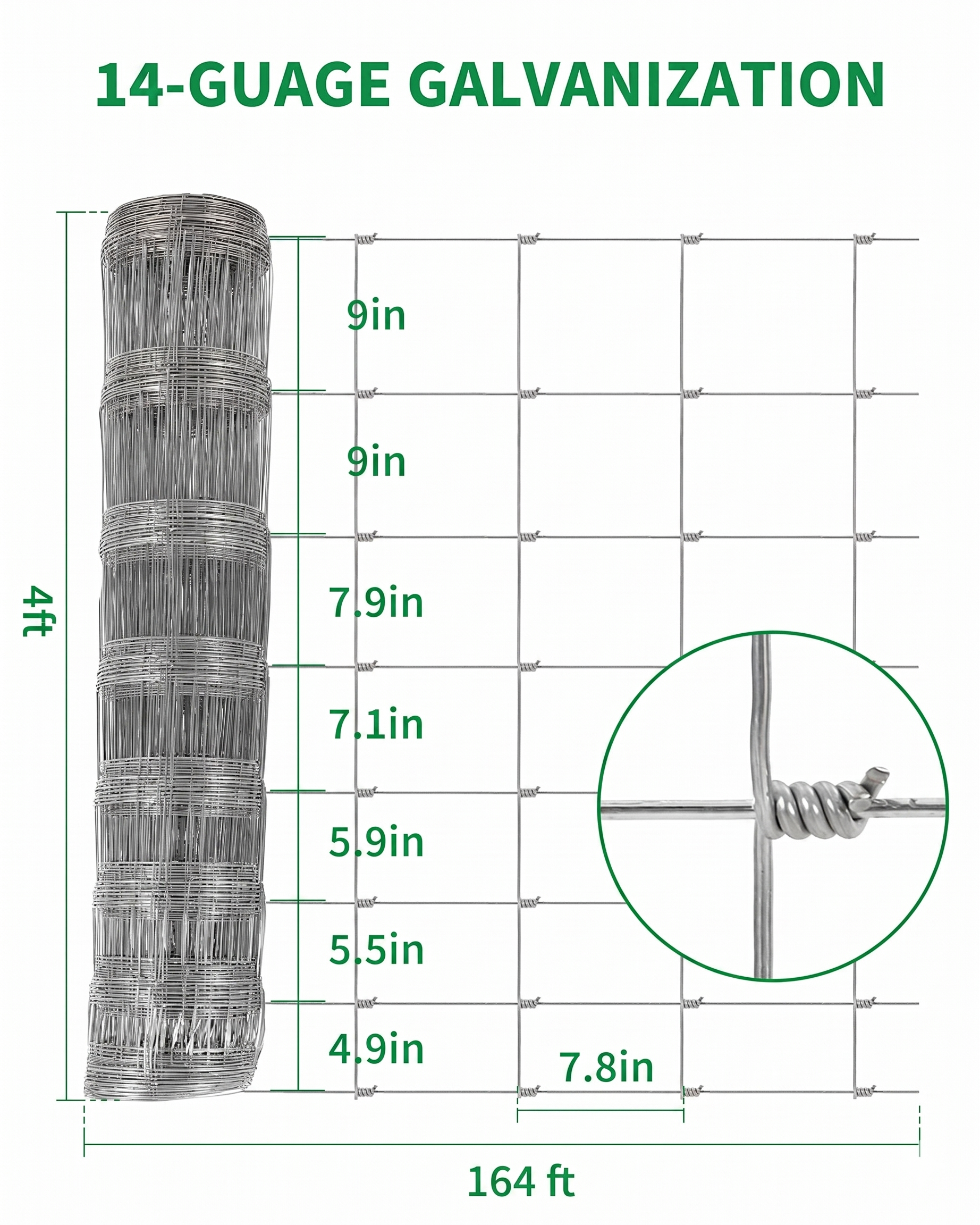 Garvee Cattle Farm Fence 4x164 ft Thickened 14 Gauge Galvanized Wire Durable Woven Wire Fencing for Livestock Farm & Field Use