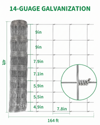 Garvee Cattle Farm Fence 4x164 ft Thickened 14 Gauge Galvanized Wire Durable Woven Wire Fencing for Livestock Farm & Field Use
