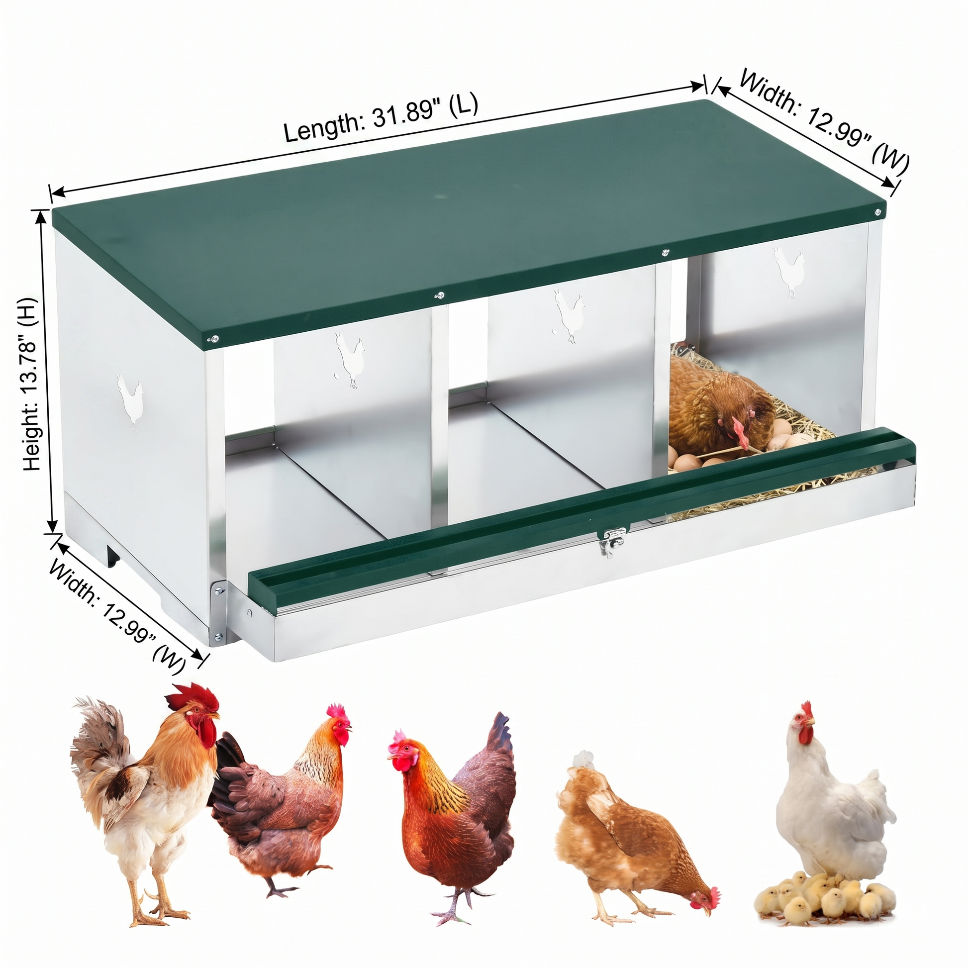 Garvee Metal Chicken Nesting Boxes One-Tier 3 Compartment Egg Laying Box Large Vented Holes 12x11 Inch Galvanized Steel