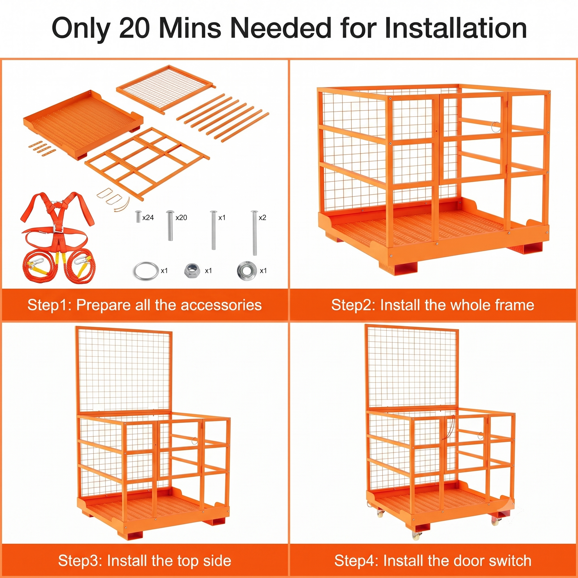 Garvee Forklift Safety Cage Heavy Duty Steel Man Basket Foldable Work Platform with Guardrails Safety Harness Wheels for Aerial Work