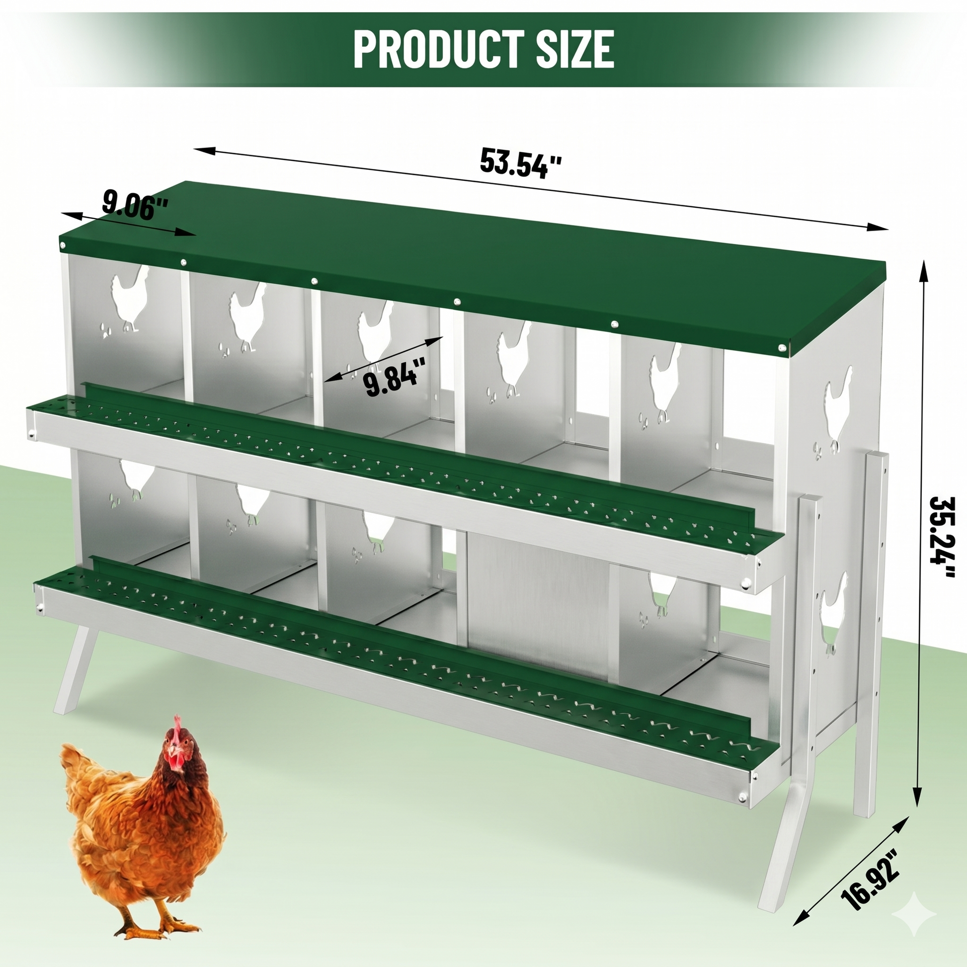 Garvee Nesting Boxes for Chickens, 10 Compartment Chicken Nesting Box with Elevated Metal Legs, Metal Chicken Laying Boxes with Perch, Secure Lid, Versatile Wall Mount or Free Standing for Hens, Green