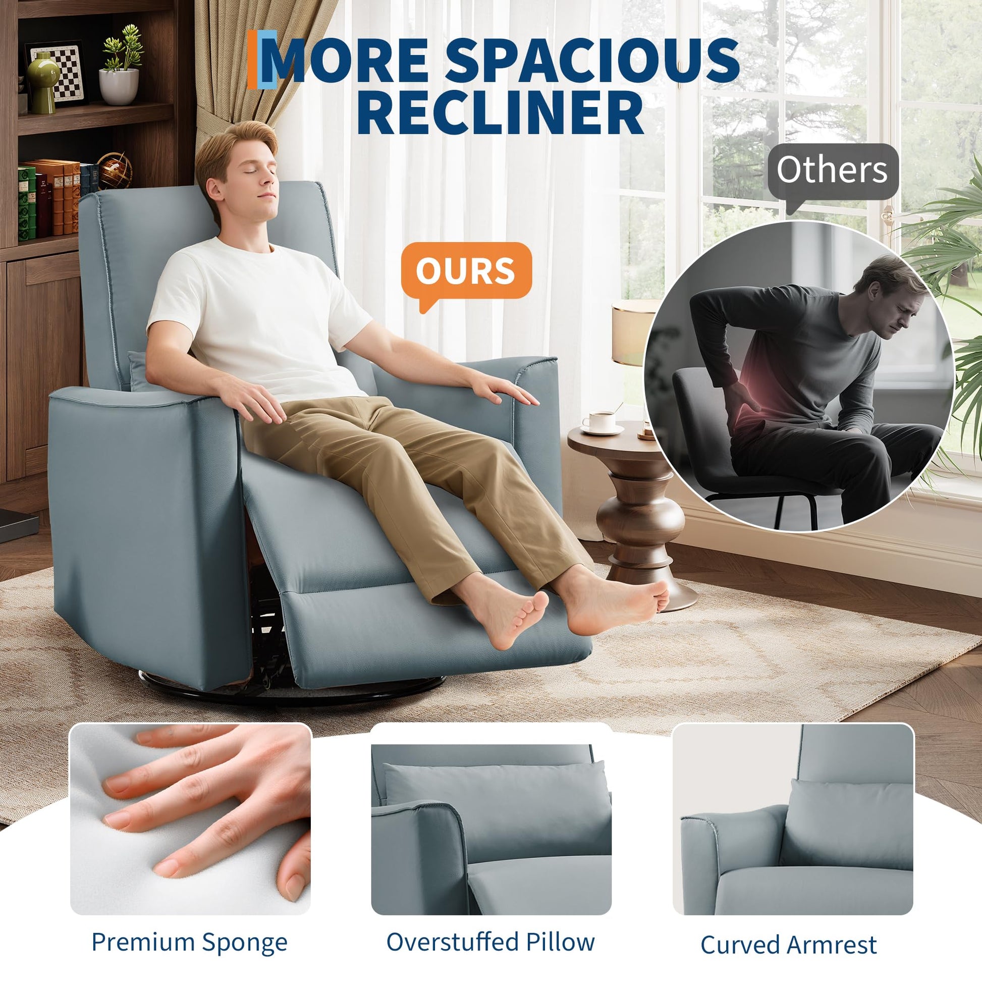 Garvee Swivel Rocking Nursery Recliner Chair Rocker Recliner Glider Deep Seat PU Leather Sofa Chair with high Backrest for Nursery, Living Room, Bedroom & Home Movie Theater, Gray