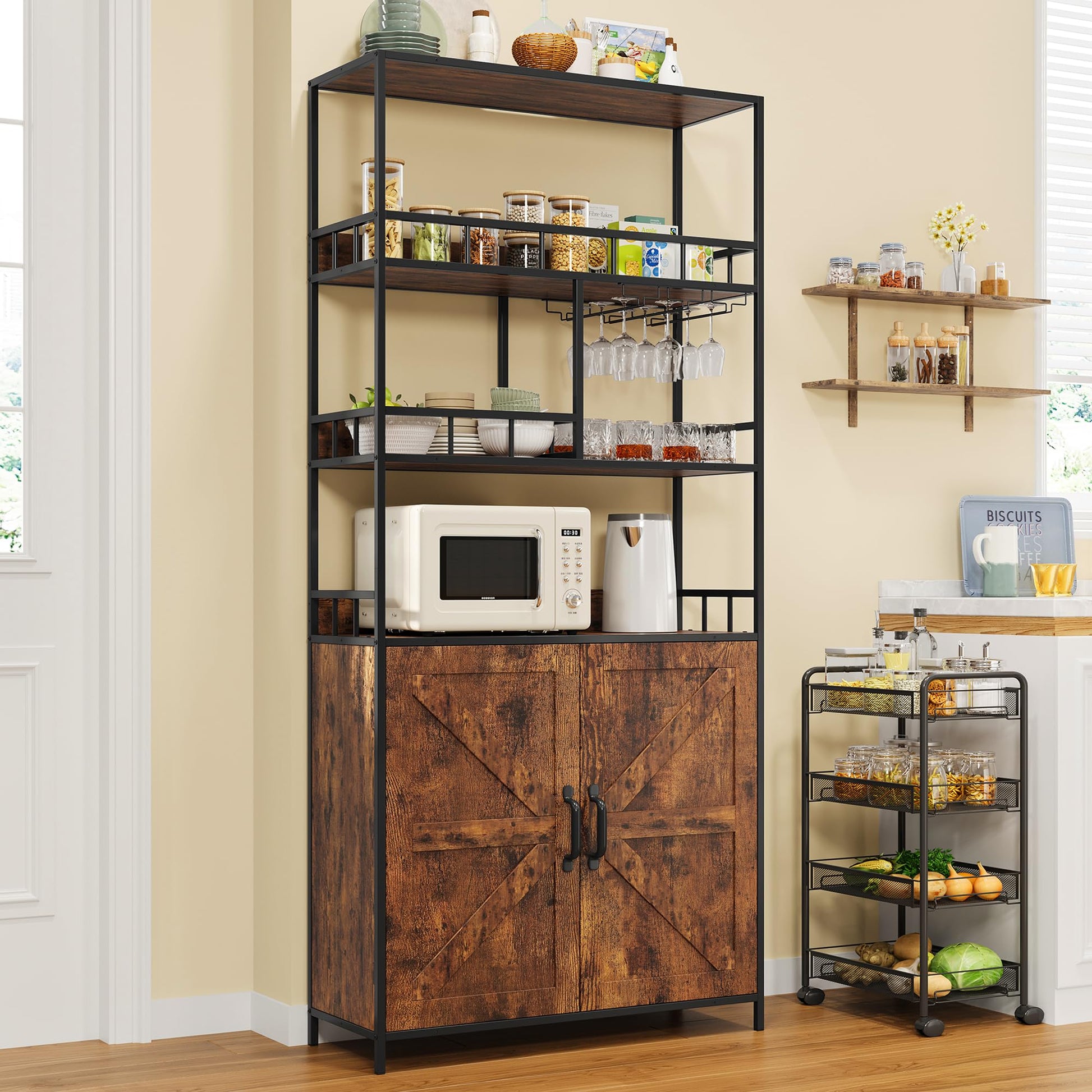 Garvee Tall Bar Cabinet 70.8" in Wine Cabinet Freestanding Liquor Cabinet with Goblet Holder 5 Tier Bakers Rack with Cabinet Large Baker Rack with Storage Standing Microwave Stand Wine Rack