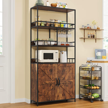 Garvee Tall Bar Cabinet 70.8" in Wine Cabinet Freestanding Liquor Cabinet with Goblet Holder 5 Tier Bakers Rack with Cabinet Large Baker Rack with Storage Standing Microwave Stand Wine Rack