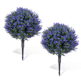 Garvee 2 Pack Artificial Lavender Topiary Ball Tree with Ground Spike, 23.6'' UV Resistant Fake Shrubs Bushes, Faux Evergreen Plant with Flowers for Garden