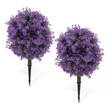 Garvee 2 Pack Artificial Topiary with Ground Spike, 23"H Faux Greenery Shrubs with Flowers, UV Resistant Fake Evergreen Plant for Front Porch Garden, Purple - Purple