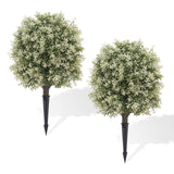 Garvee 2 Pack Artificial Topiary with Ground Spike, 23"H Faux Greenery Shrubs with Flowers, UV Resistant Fake Evergreen Plant for Front Porch Garden, White - White