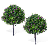 Garvee 2 Pack Artificial Boxwood Topiary Ball Plant, Fake Bushes Shrubs with Ground Spike& Flowers, UV Resistance Greenery for Front Porch Garden Patio