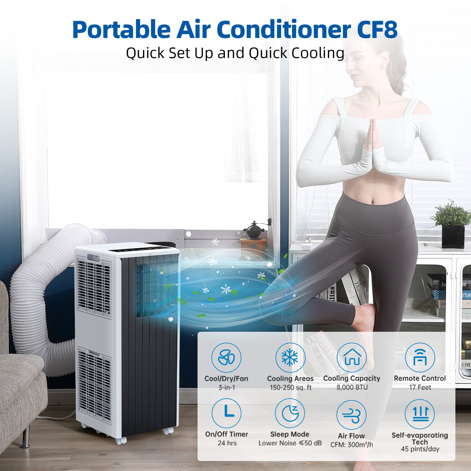 Garvee 8000 BTU Portable Air Conditioner, 3 In 1 AC Unit Built-In Cool, Dehumidifier & Fan for Rooms Up to 350 Sq.Ft, Energy Saving AC with Remote/24H Timer for Dorms/Indoor Rooms - White and Black