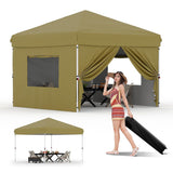 Garvee 10'x10' Pop-Up Canopy Tent - Easy One-Person Setup, Portable Shelter with 4 Sidewalls & 4 Sandbags, Ideal for Patio & Outdoor Activities, Khaki - Khaki