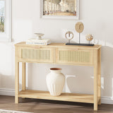 Garvee Boho Rattan Console Table with 2 Drawers & 2 Tiers - Reclaimed Caramel Oak Entryway Sofa Table, Storage Hallway Foyer Table for Home Decor, Caramel Oak - 25-Year Natural Wood Color