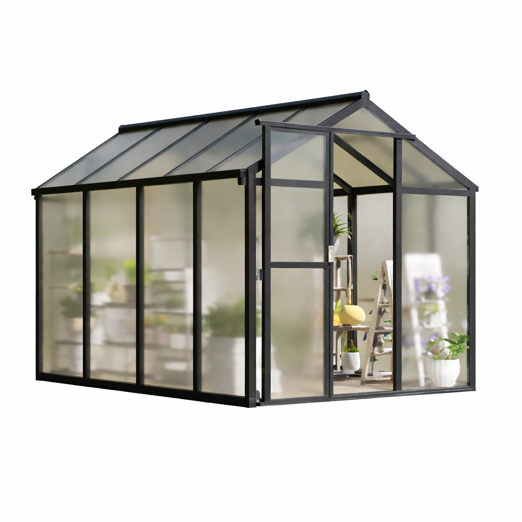 Garvee 6x8 ft Greenhouse, Black Aluminum Frame with Polycarbonate Panels, Walk-In Outdoor Plant Shelter with Sliding Door, Adjustable Roof Vent and Integrated Rain Gutters, Slide-In Assembly for Backyard Garden and Patio Growing
