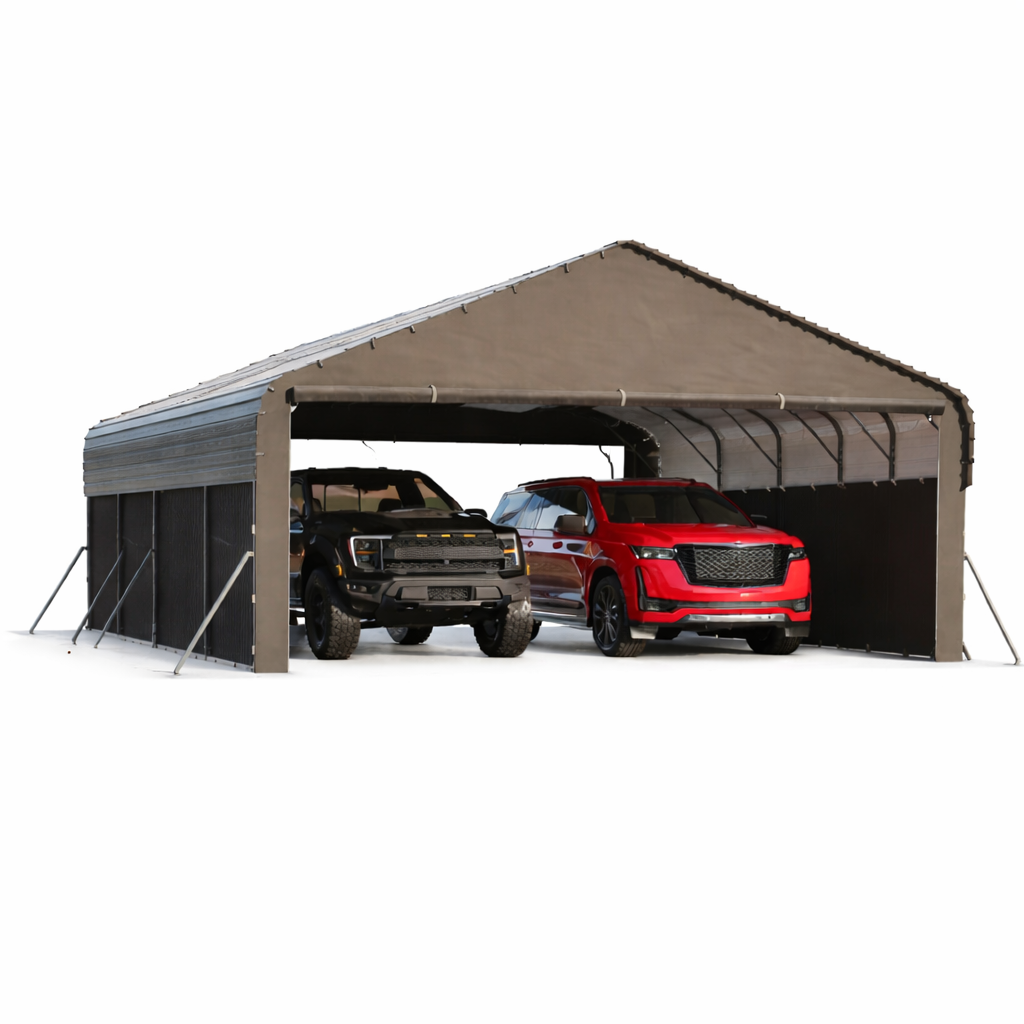 Garvee 20'x20'x10' Metal Carport for 2 Cars with 220g Tarp, All-Weather Use, Full-Size Pickup Trucks, Bass Boats, Tractors, Reinforced Steel, Grey