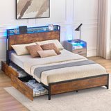 Garvee Queen Size Bed Frame with Storage Headboard and 4 Drawers, Platform Bed Frame with Charging Station and LED Lights, Metal Support/No Box Spring Needed, Vintage Brown - Vintage Brown
