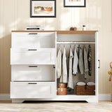Garvee Multifunctional Wooden Dresser for Bedroom, 43.3'' H 2 Door Wardrobe Armoire Closet with 4 Drawers and Hanging Rod, Low Storage Cabinet for Hanging Cloth, White and Brown - White