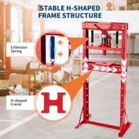 Garvee 12-Ton Hydraulic Shop Press with Press Plates, H-Frame Garage Benchtop Press with Adjustable Working Table, Red