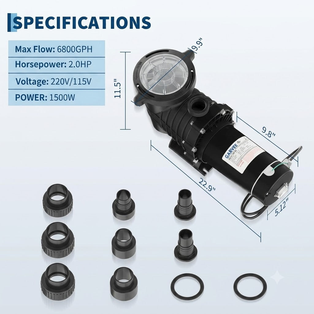 Garvee 2.0 HP Swimming Pool Pump 1500W Dual Voltage with Strainer Basket for Above and Ground Pools, 6800 GPH, Stainless Steel