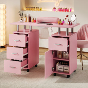 Table de manucure Garvee pour prothésistes ongulaires avec collecteur de particules électrique – Bureau portable avec 4 tiroirs, meuble latéral, roulettes verrouillables et repose-poignet, Station de beauté, Rose, norme US