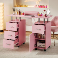 Table de manucure Garvee pour prothésistes ongulaires avec collecteur de particules électrique – Bureau portable avec 4 tiroirs, meuble latéral, roulettes verrouillables et repose-poignet, Station de beauté, Rose, norme US
