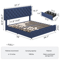 Garvee Queen Size Bed Frame with 4 Storage Drawers, Linen Upholstered Platform Bed Frame with Adjustable Headboard, Diamond Stitched Button Tufted, No Box Spring Needed, Blue