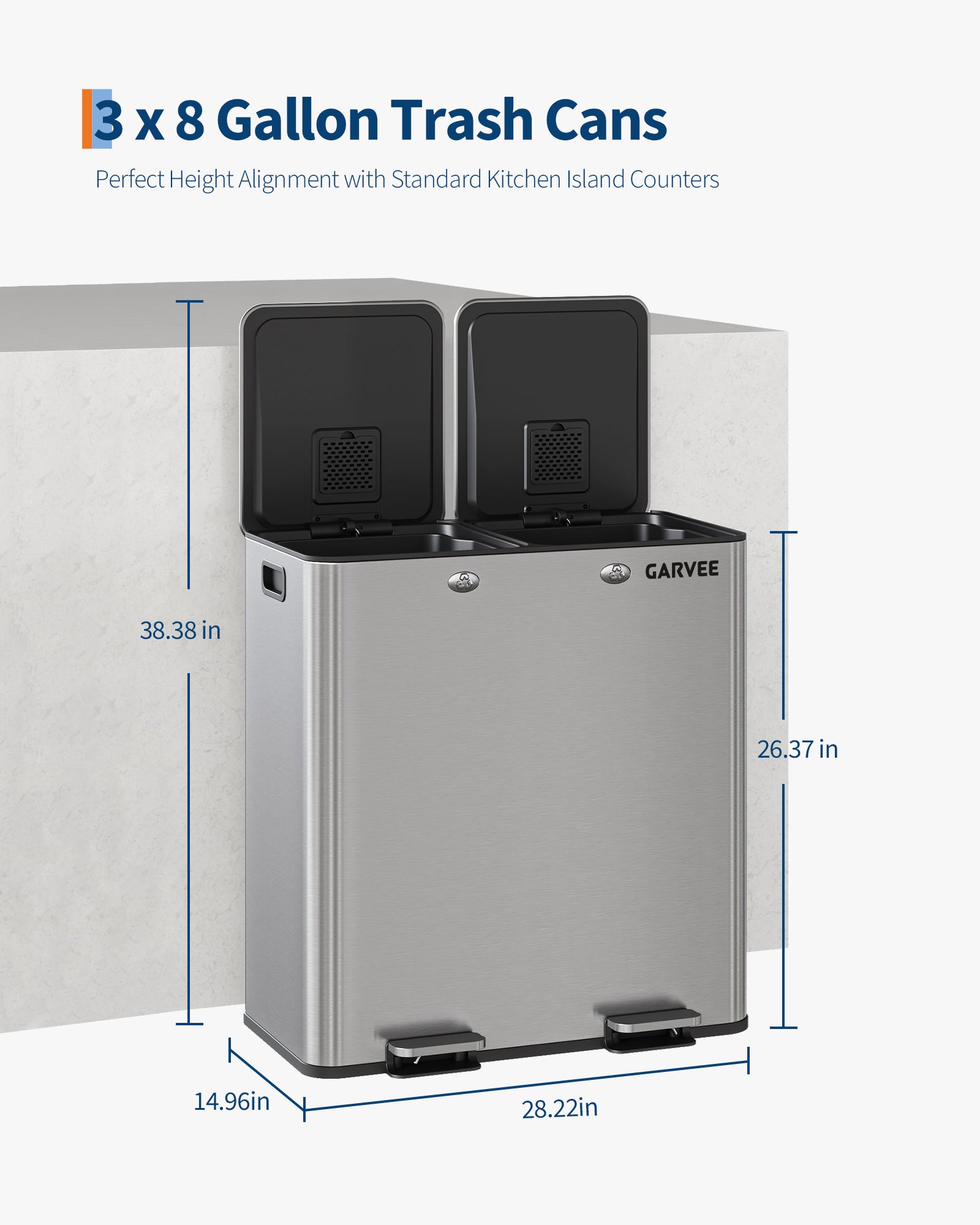 Garvee Large Dual Trash Can 2 x 8 Gallons- 60 Liters Stainless Steel Kitchen Double Trash Can,2 Compartment Trash Can Combo Garbage Bin with Separated Lid and Foot Pedal for Kitchen