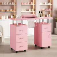 Table de manucure Garvee pour prothésistes ongulaires avec collecteur de particules électrique – Bureau portable avec 4 tiroirs, meuble latéral, roulettes verrouillables et repose-poignet, Station de beauté, Rose, norme US
