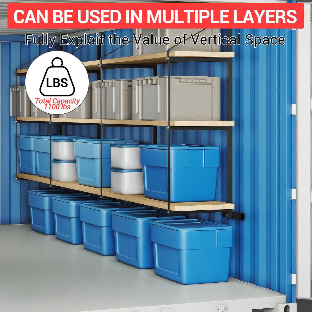 Garvee Shipping Container Shelving Brackets 4PCS, 3-Tier 22''D x 60''H Black Powder Coated Steel Shelf Support for Cargo Storage, Easy to Hang and Remove for Heavy Duty Containers, Workbenches