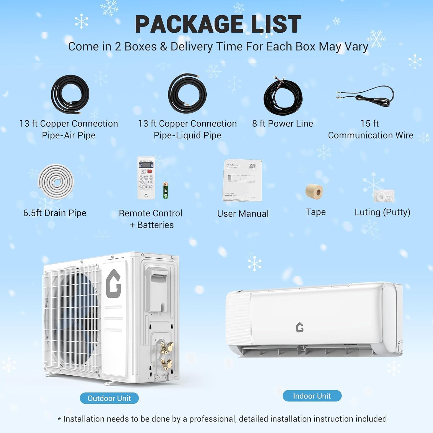 Garvee Split Air Conditioner 9000 BTU Cooling Heating 20 SEER2 WiFi Control Turbo Mode Auto Swing 208/230V Home