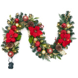 Garvee Lighted Christmas Garland 6 Ft LED Lights Battery Operated Red Gold Balls Poinsettias Cordless Indoor Outdoor Fireplace Staircase Decor
