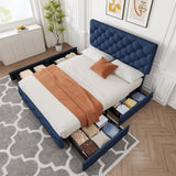 Garvee Queen Size Bed Frame with 4 Storage Drawers, Linen Upholstered Platform Bed Frame with Adjustable Headboard, Diamond Stitched Button Tufted, No Box Spring Needed, Blue - Blue