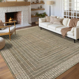 Garvee 5x7 Brown Area Rug, Washable Geometric Bordered Floor Carpet, Soft Low-Pile Polyester with Non-Slip Backing, Stain-Resistant Non-Shedding Design, Pet and Kid Friendly for Living Area, Bedroom, Dining Space, Nursery and Office - Brown