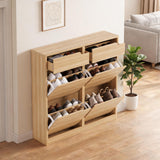 Garvee Narrow Shoe Cabinet 4 Flip Drawers 2 Extra Drawers Wood Sturdy Slim 9.3'' Wide Entryway Hallway Storage - Oak