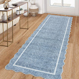 Garvee 2' x 6' Scalloped Blue Runner Rug, 350 GSM Pearl Velvet Low-Pile Carpet with Non-Slip TPR Backing, Machine-Washable Foldable Floor Covering with Reinforced Edges for Kitchen Hallway Entryway Bedroom - Blue