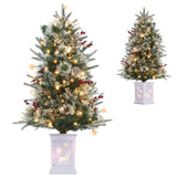 Garvee 3 ft Artificial Christmas Tree with 78 Warm White LEDs, Pre-Lit, Fireproof PE & Pine Needles, Red Berries & Pine Cones, Snowflake Base, Compact Tabletop Decor - Fiber Optic-Deer Base