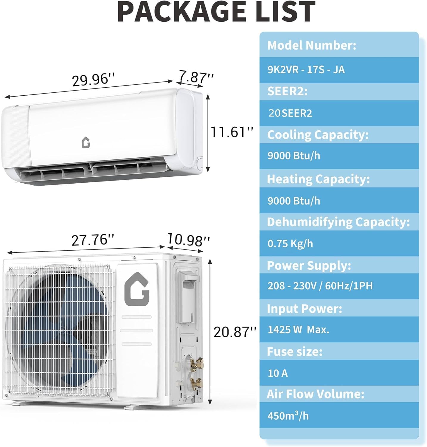 Garvee Split Air Conditioner 9000 BTU Cooling Heating 20 SEER2 WiFi Control Turbo Mode Auto Swing 208/230V Home