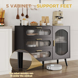 Garvee Modern Storage Buffet Cabinet – Fluted Glass Door, 3 Drawers, Versatile Sideboard for Kitchen, Dining, or Living Room, Black Finish