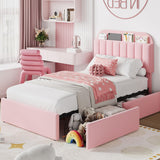 Garvee Twin Bed Frame for Kids with Boucle Upholstery, Storage Headboard, 2 Flexible Drawers, Metal & Wood, Noise-Free, Pink, Bedroom - Pink