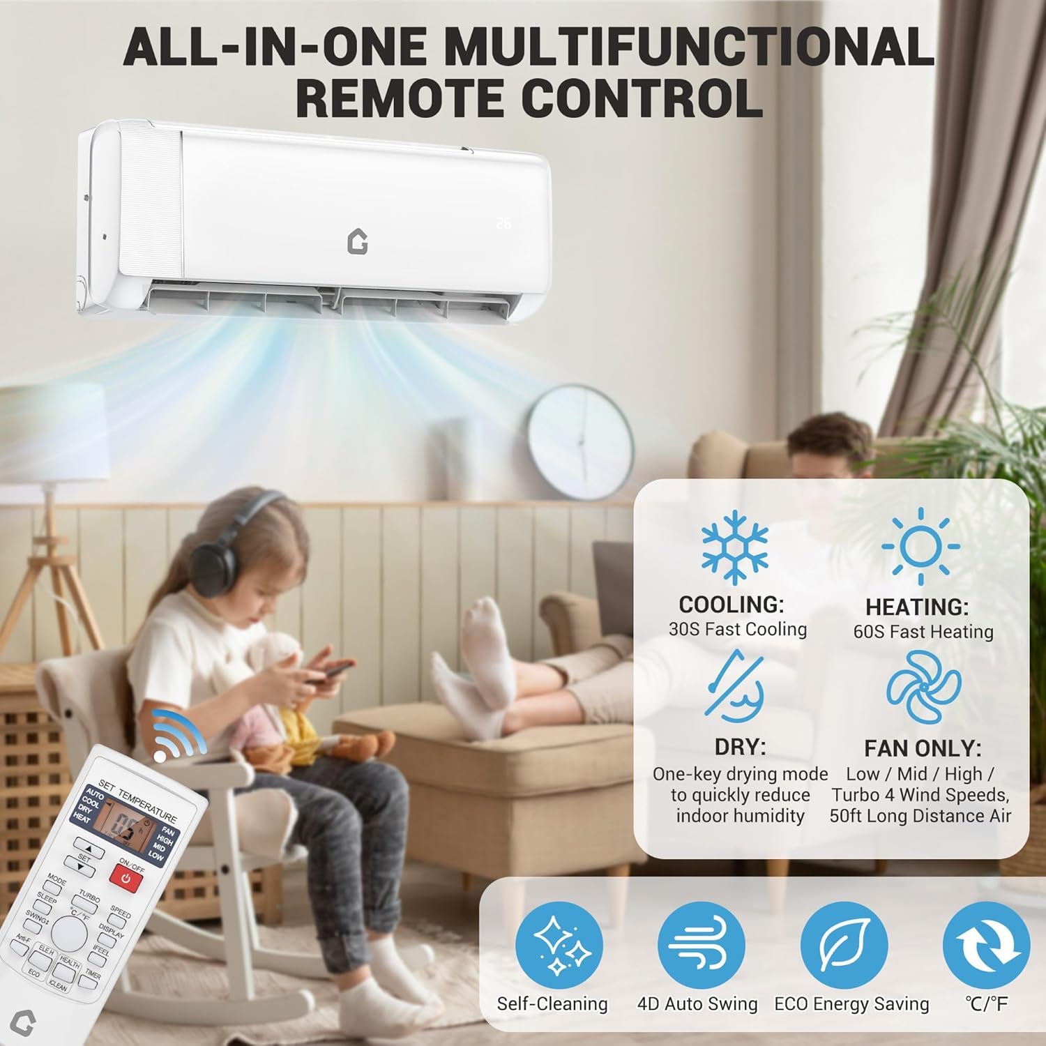 Garvee Split Air Conditioner 9000 BTU Cooling Heating 20 SEER2 WiFi Control Turbo Mode Auto Swing 208/230V Home