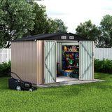 Garvee Outdoor Metal Storage Shed 8x10 FT with Lockable Doors & Air Vents, Sloped Roof, Galvanized Steel, Rustproof, Large Capacity for Garden Patio Lawn - Brown