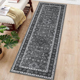 Garvee 2x6ft Washable Persian Runner Rug, Grey Vintage Floral Design, 100% Polyester 350gsm Soft Low-Pile Carpet, TPR Non-Slip Foldable Backing, Machine Washable Hallway Runner for Entryway, Kitchen, Bedroom, Living Room, Home Office - Grey