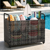 Garvee PE Rattan Pool Float Storage Organizer Heavy-Duty Galvanized Steel Frame Lockable Rolling Wheels Weatherproof Raised Dry Base for Poolside Backyard