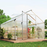 Garvee 8x10 ft Polycarbonate Greenhouse with Aluminum Frame, Lockable Door, Adjustable Roof Vent for Backyard Garden, Green, Durable - Silver